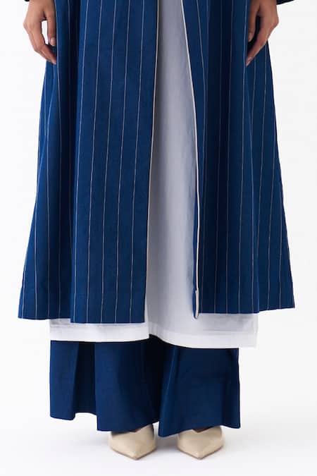 Three_Blue Denim, Cotton, Poplin Pinstripe Pattern Trench Jacket And Kurta Set _Online_at_Aza_Fashions