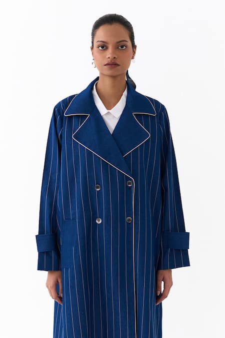 Buy_Three_Blue Denim, Cotton, Poplin Pinstripe Pattern Trench Jacket And Kurta Set _Online_at_Aza_Fashions