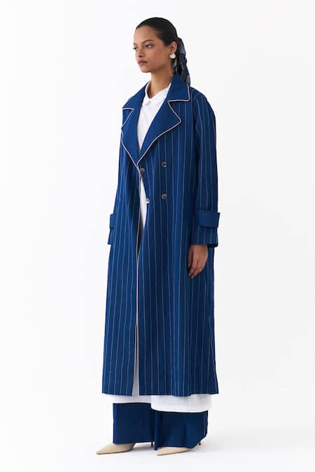 Three_Blue Denim, Cotton, Poplin Pinstripe Pattern Trench Jacket And Kurta Set _at_Aza_Fashions