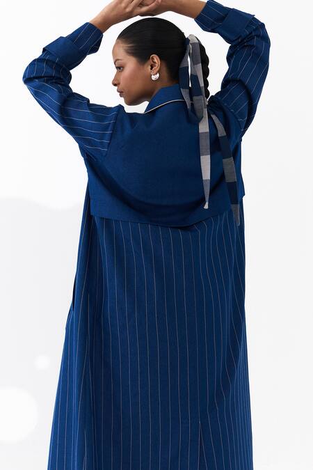 Buy_Three_Blue Denim, Cotton, Poplin Pinstripe Pattern Trench Jacket And Kurta Set 