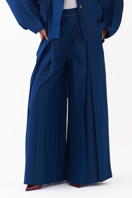 Three_Blue Denim Collared Batwing Sleeve Jacket And Pant Set _Online_at_Aza_Fashions