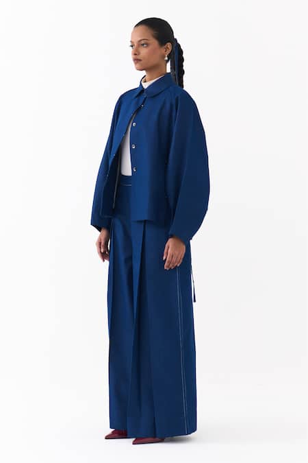 Buy_Three_Blue Denim Collared Batwing Sleeve Jacket And Pant Set _Online_at_Aza_Fashions