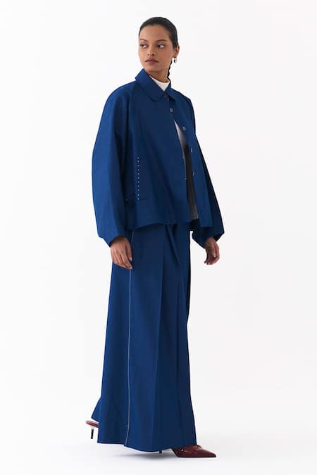 Three_Blue Denim Collared Batwing Sleeve Jacket And Pant Set _at_Aza_Fashions