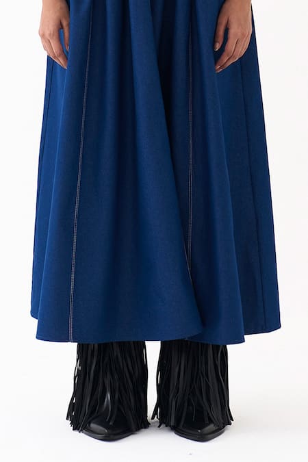 Three_Blue Denim, Cotton, Poplin Bandeau Neck, Panelled Shirt With Corset Dress _Online_at_Aza_Fashions