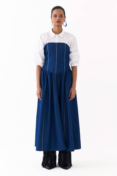 Buy_Three_Blue Denim, Cotton, Poplin Bandeau Neck, Panelled Shirt With Corset Dress _Online_at_Aza_Fashions