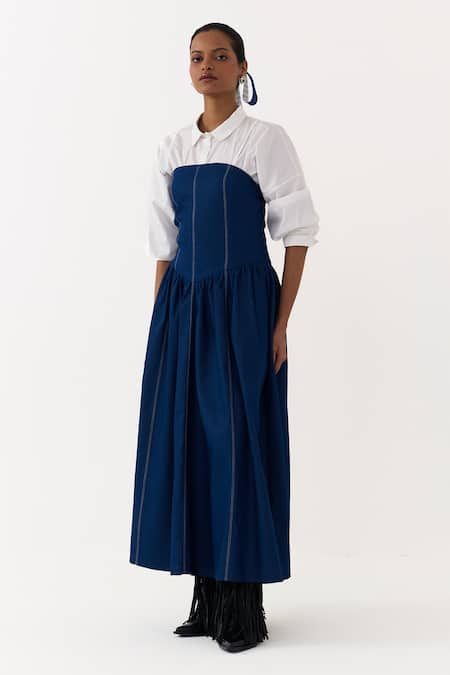 Shop_Three_Blue Denim, Cotton, Poplin Bandeau Neck, Panelled Shirt With Corset Dress _Online_at_Aza_Fashions