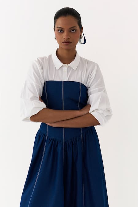 Three_Blue Denim, Cotton, Poplin Bandeau Neck, Panelled Shirt With Corset Dress _at_Aza_Fashions