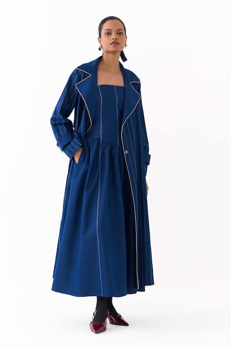 Three Blue Denim Embroidery, Piping Bandeau Linear Trench Jacket With Corset Dress Online at Aza Fashions Three_Blue Denim Embroidery, Piping Bandeau Linear Trench Jacket With Corset Dress _Online_at_Aza_Fashions