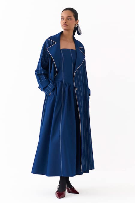 Buy Three Blue Denim Embroidery, Piping Bandeau Linear Trench Jacket With Corset Dress Online at Aza Fashions Buy_Three_Blue Denim Embroidery, Piping Bandeau Linear Trench Jacket With Corset Dress _Online_at_Aza_Fashions