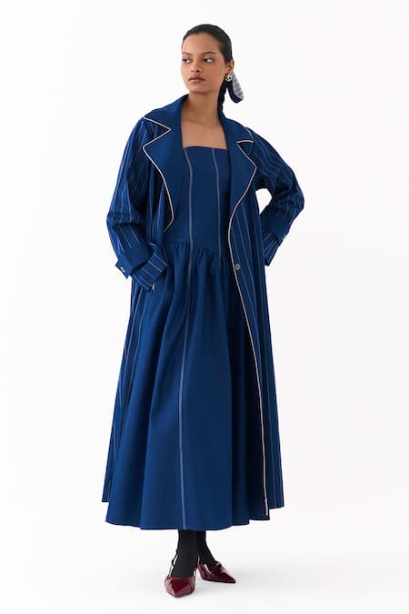 Shop Three Blue Denim Embroidery, Piping Bandeau Linear Trench Jacket With Corset Dress Online at Aza Fashions Shop_Three_Blue Denim Embroidery, Piping Bandeau Linear Trench Jacket With Corset Dress _Online_at_Aza_Fashions