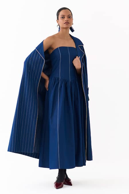 Three Blue Denim Embroidery, Piping Bandeau Linear Trench Jacket With Corset Dress at Aza Fashions Three_Blue Denim Embroidery, Piping Bandeau Linear Trench Jacket With Corset Dress _at_Aza_Fashions