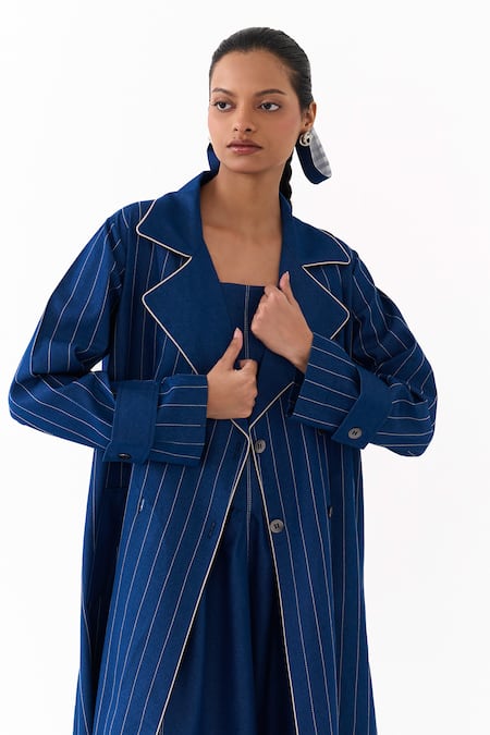 Buy Three Blue Denim Embroidery, Piping Bandeau Linear Trench Jacket With Corset Dress Buy_Three_Blue Denim Embroidery, Piping Bandeau Linear Trench Jacket With Corset Dress