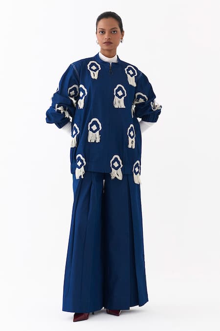 Buy_Three_Blue Denim Fringe High Neck Embroidered Bomber Jacket With Pant _Online_at_Aza_Fashions