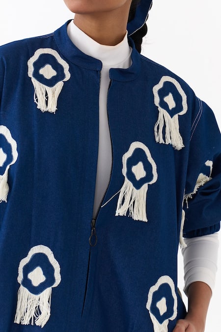 Shop_Three_Blue Denim Fringe High Neck Embroidered Bomber Jacket With Pant _Online_at_Aza_Fashions