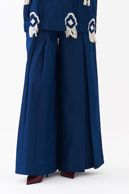 Three_Blue Denim Fringe High Neck Embroidered Bomber Jacket With Pant _at_Aza_Fashions