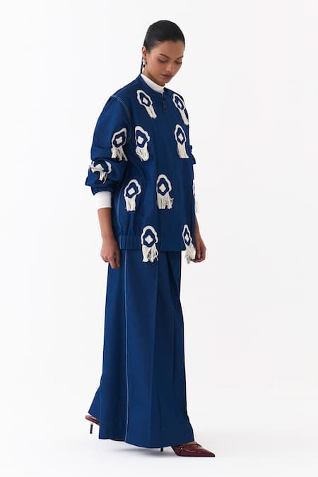 Buy_Three_Blue Denim Fringe High Neck Embroidered Bomber Jacket With Pant 