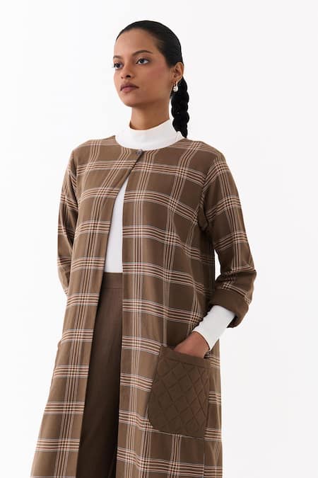 Three_Brown Round Neck Cedar Check Pattern Jacket And Pant Set _Online_at_Aza_Fashions