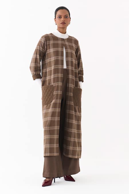 Buy_Three_Brown Round Neck Cedar Check Pattern Jacket And Pant Set _Online_at_Aza_Fashions