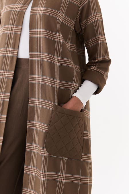 Shop_Three_Brown Round Neck Cedar Check Pattern Jacket And Pant Set _Online_at_Aza_Fashions