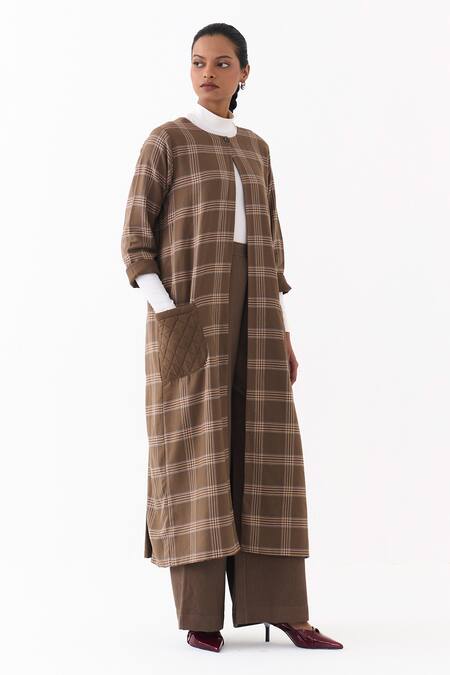 Three_Brown Round Neck Cedar Check Pattern Jacket And Pant Set _at_Aza_Fashions