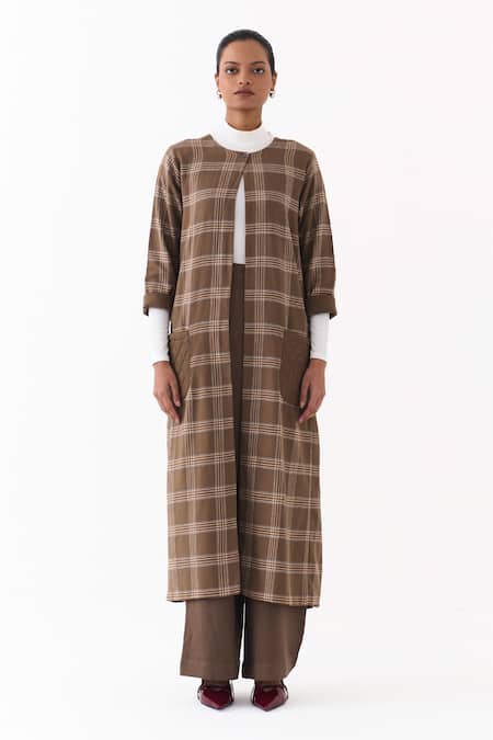 Shop_Three_Brown Round Neck Cedar Check Pattern Jacket And Pant Set 