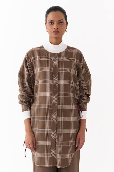 Three_Brown Round Neck Checkered Pattern Shirt With Pant _Online_at_Aza_Fashions