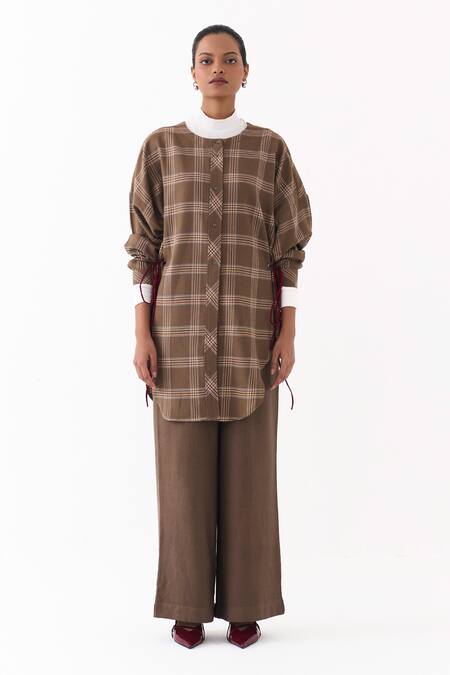 Shop_Three_Brown Round Neck Checkered Pattern Shirt With Pant _Online_at_Aza_Fashions