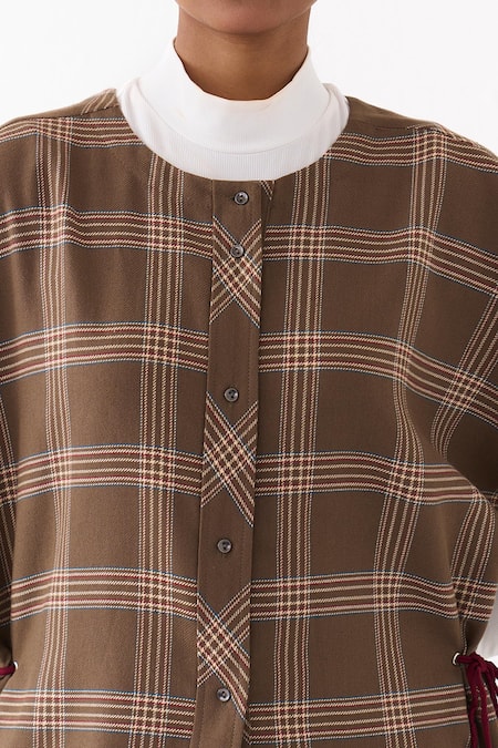 Three_Brown Round Neck Checkered Pattern Shirt With Pant _at_Aza_Fashions