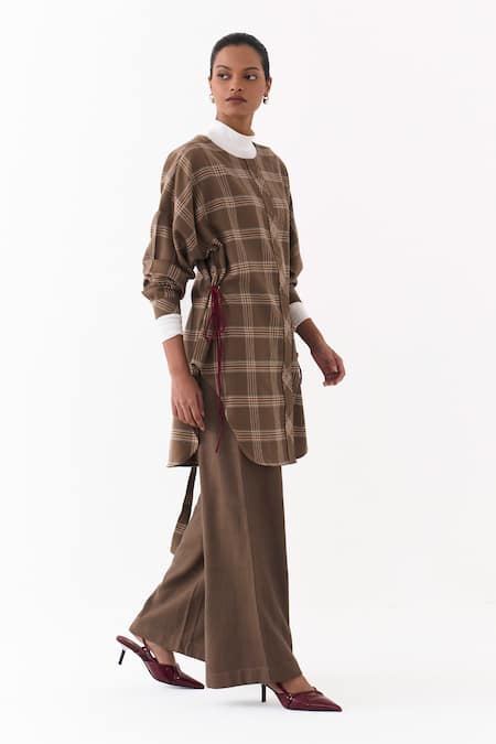 Buy_Three_Brown Round Neck Checkered Pattern Shirt With Pant 