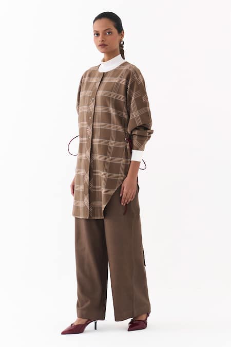 Shop_Three_Brown Round Neck Checkered Pattern Shirt With Pant 