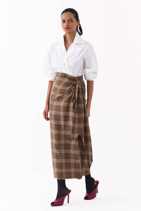 Three_White Cotton, Poplin Collared Double Breasted Shirt And Twisted Skirt Set _Online_at_Aza_Fashions