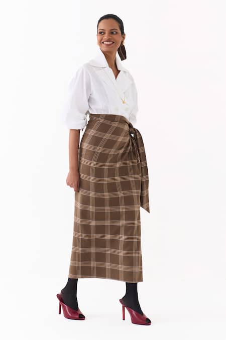 Buy_Three_White Cotton, Poplin Collared Double Breasted Shirt And Twisted Skirt Set _Online_at_Aza_Fashions