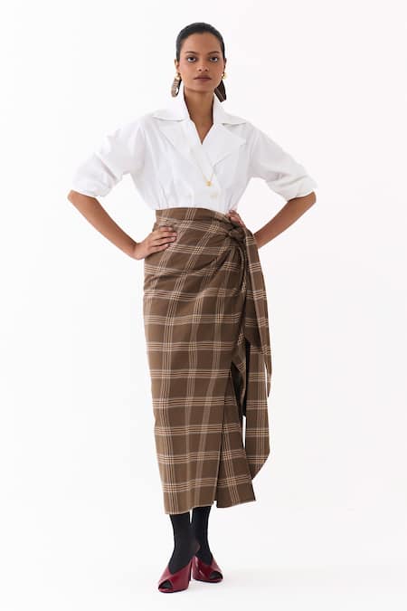 Three Double Breasted Collared Shirt & Twisted Skirt Set 