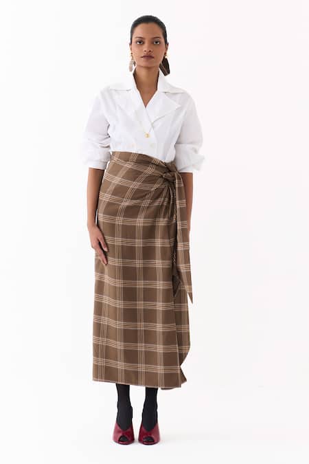 Shop_Three_White Cotton, Poplin Collared Double Breasted Shirt And Twisted Skirt Set _Online_at_Aza_Fashions