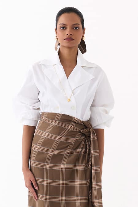 Three_White Cotton, Poplin Collared Double Breasted Shirt And Twisted Skirt Set _at_Aza_Fashions