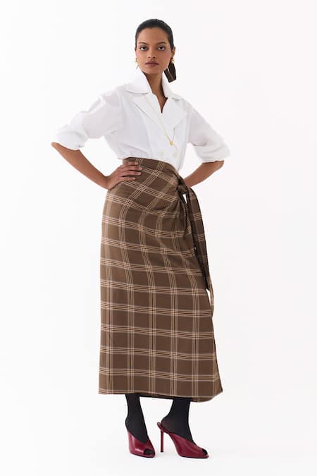 Buy_Three_White Cotton, Poplin Collared Double Breasted Shirt And Twisted Skirt Set 