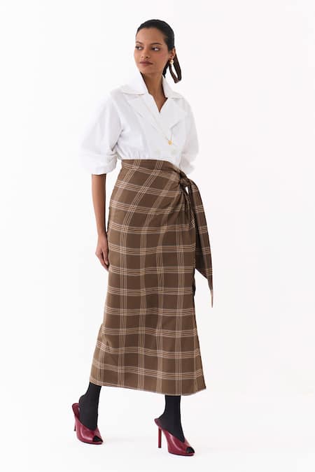 Shop_Three_White Cotton, Poplin Collared Double Breasted Shirt And Twisted Skirt Set 