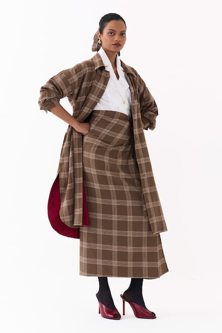 Three_Brown Cotton, Poplin Collared Plaid Pattern Jacket Skirt Set _Online_at_Aza_Fashions