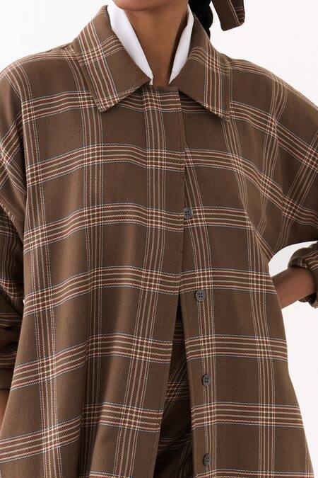 Buy_Three_Brown Cotton, Poplin Collared Plaid Pattern Jacket Skirt Set _Online_at_Aza_Fashions