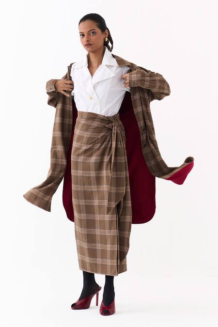 Shop_Three_Brown Cotton, Poplin Collared Plaid Pattern Jacket Skirt Set _Online_at_Aza_Fashions