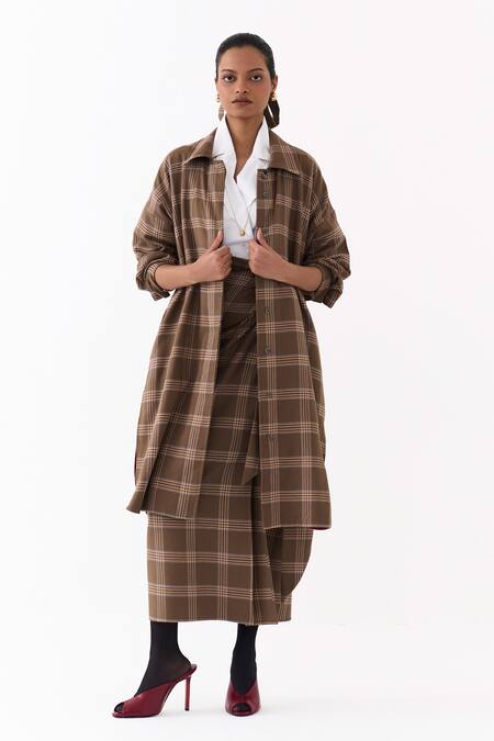 Three_Brown Cotton, Poplin Collared Plaid Pattern Jacket Skirt Set _at_Aza_Fashions