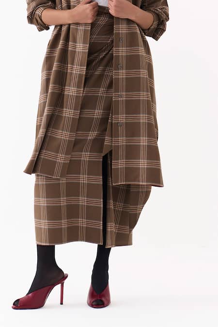 Shop_Three_Brown Cotton, Poplin Collared Plaid Pattern Jacket Skirt Set 