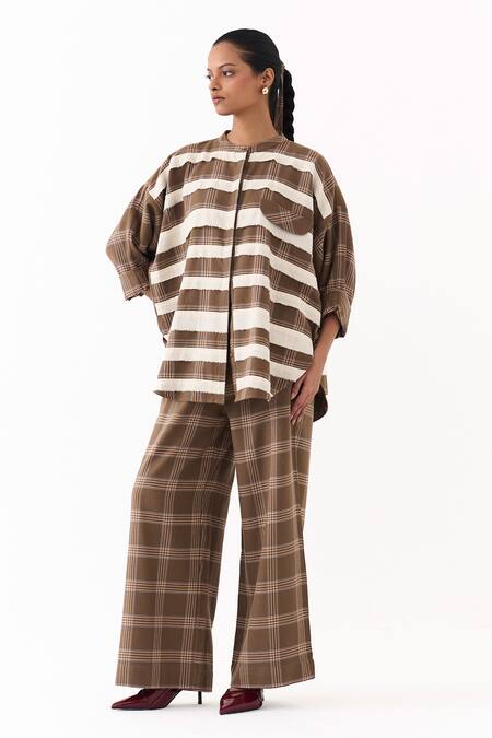 Shop_Three_Brown Round Neck Striped Pattern Shirt And Pant Set _Online_at_Aza_Fashions