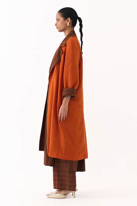 Buy_Three_Orange Wool Round Neck Stripe Pattern Kurta Pant Set With Jacket _Online_at_Aza_Fashions
