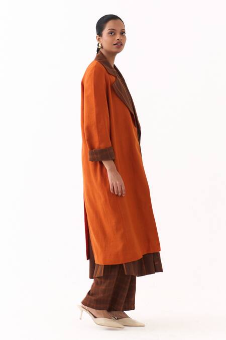 Three_Orange Wool Round Neck Stripe Pattern Kurta Pant Set With Jacket _at_Aza_Fashions