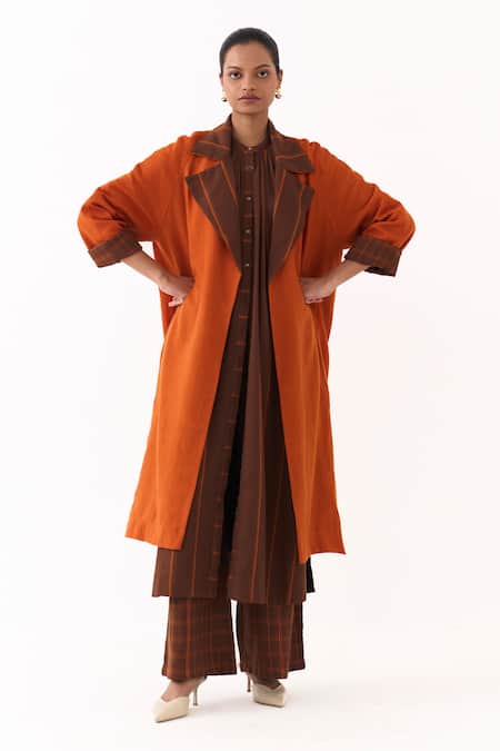 Buy_Three_Orange Wool Round Neck Stripe Pattern Kurta Pant Set With Jacket 