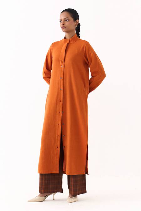 Shop_Three_Orange Mandarin Collar Flap Placket Tunic And Pant Set _Online_at_Aza_Fashions
