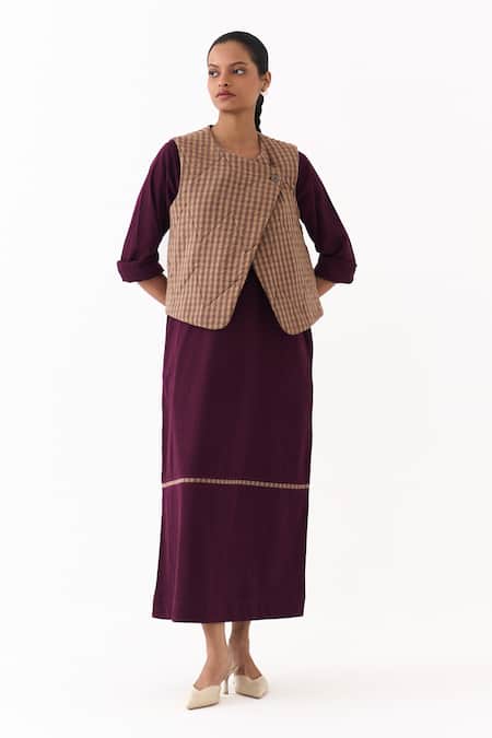 Shop_Three_Wine Twill Round Neck Quilted Vest With Midi Dress _Online_at_Aza_Fashions