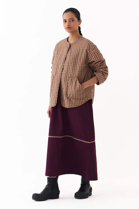 Buy_Three_Wine Twill Piping Round Neck Quilted Pattern Jacket With Midi Dress _Online_at_Aza_Fashions