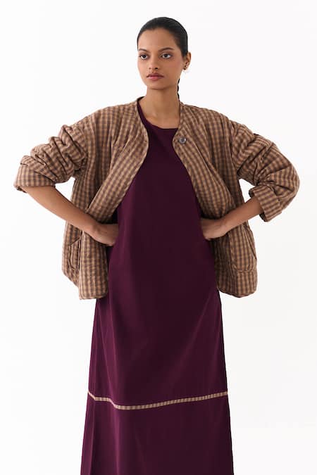 Shop_Three_Wine Twill Piping Round Neck Quilted Pattern Jacket With Midi Dress _Online_at_Aza_Fashions
